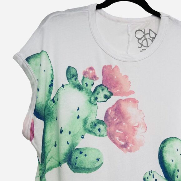 Chaser White 100% Cotton Cactus Flower Plant T-Shirt Top Women's Size L - Picture 2 of 7